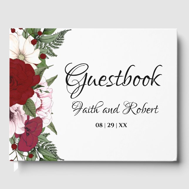 Elegante Burgundy Blush Green Floral Wedding Gästebuch (Vorderseite)