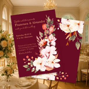 Elegante Burgundy Blush Orange Blumenhochzeit Einladung