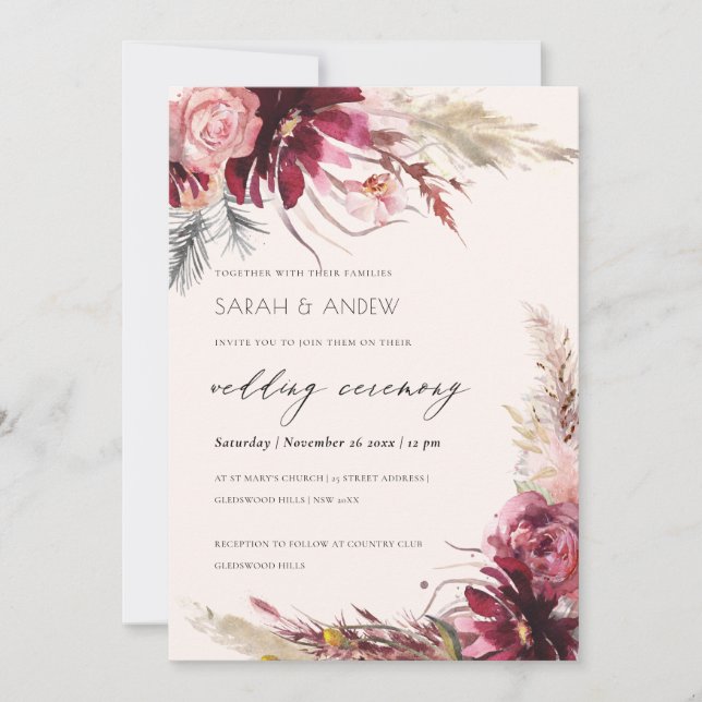 Elegante Burgundy Blush Pampas Grass Wedding Einla Dankeskarte (Vorderseite)