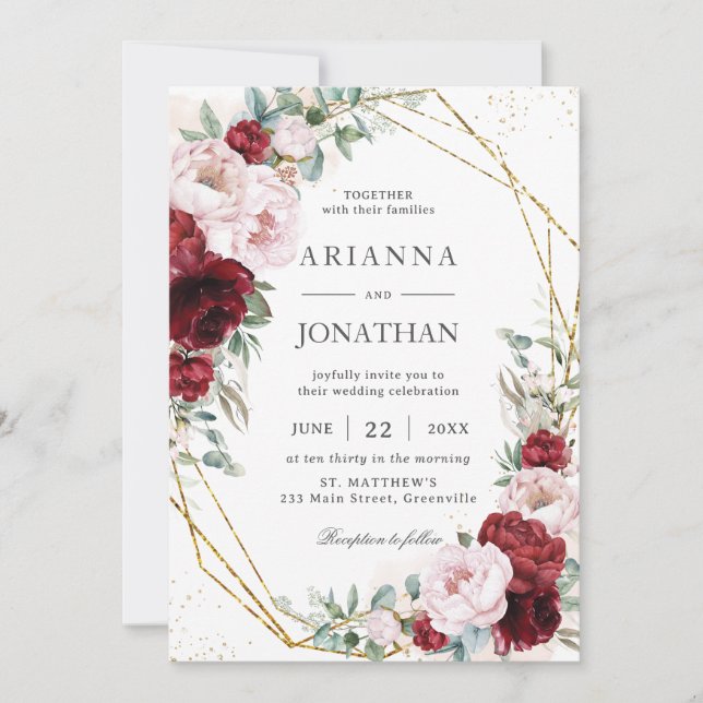 Elegante Burgundy Blush Peonies Floral Gold Weddin Einladung (Vorderseite)