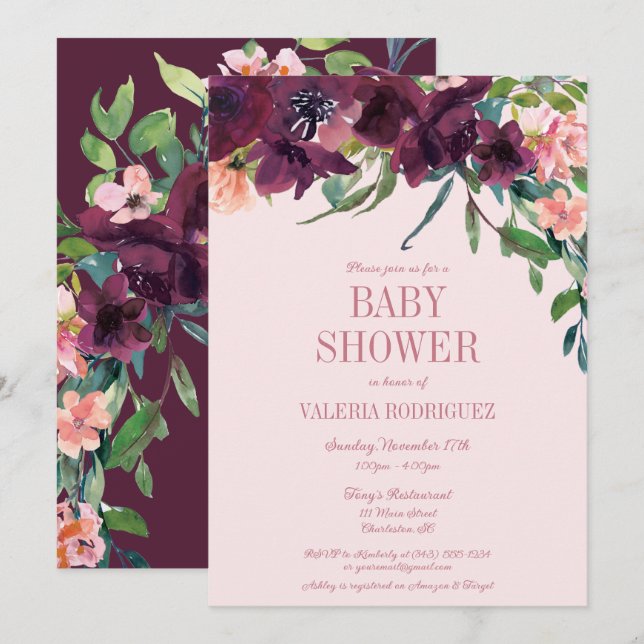 Elegante Burgundy Blush Pink Floral Baby Dusche Einladung (Vorne/Hinten)