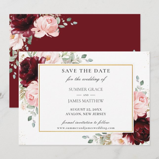 Elegante Burgundy Blush Pink Floral Rose Hochzeit Save The Date (Vorne/Hinten)