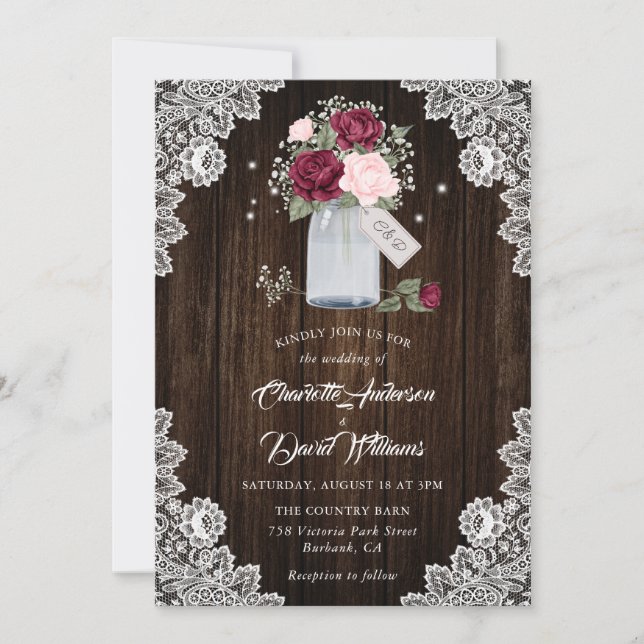 Elegante Burgundy Blush Pink Floral Wedding Einladung (Vorderseite)