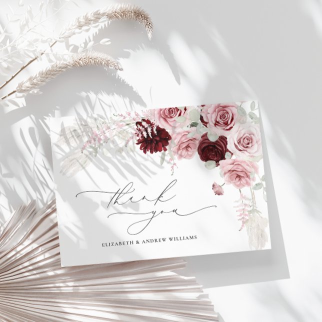 Elegante Burgundy Blush Pink Roses Blumenhochzeit Dankeskarte (Von Creator hochgeladen)