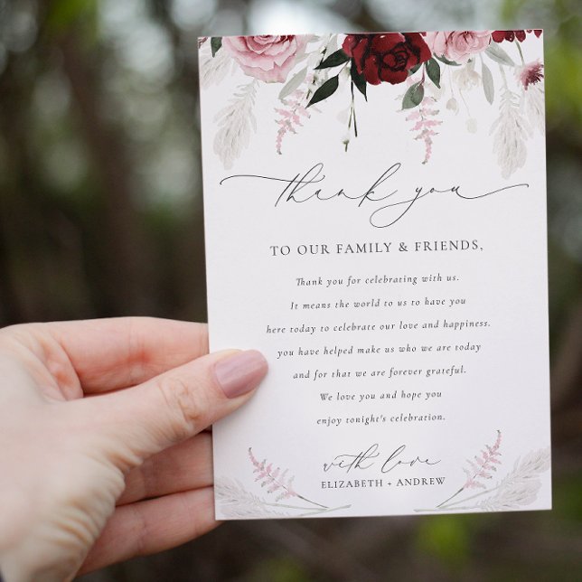 Elegante Burgundy Blush Pink Roses Blumenhochzeit Dankeskarte (Von Creator hochgeladen)