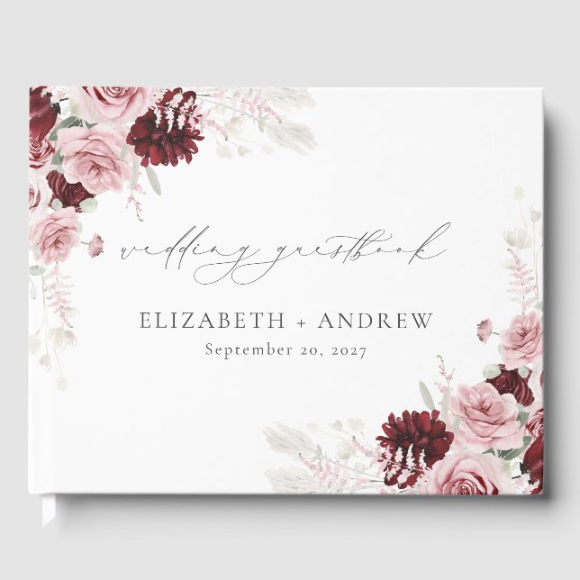 Elegante Burgundy Blush Pink Roses Blumenhochzeit Gästebuch (Vorderseite)