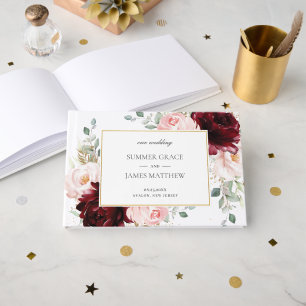 Elegante Burgundy Blush Pink Roses Blumenhochzeit Gästebuch