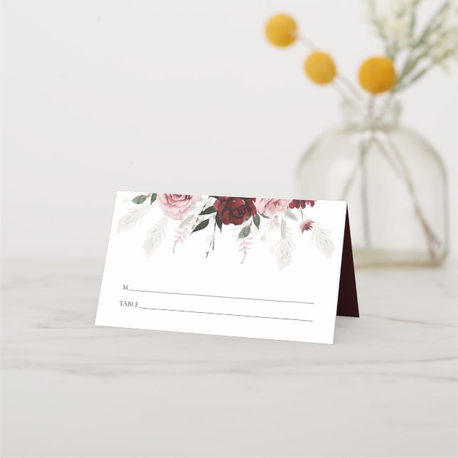 Elegante Burgundy Blush Pink Roses Blumenhochzeit Platzkarte (Rückseite)