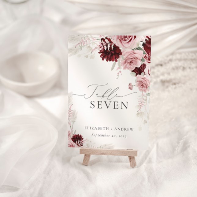 Elegante Burgundy Blush Pink Roses Blumenhochzeit Tischnummer (Von Creator hochgeladen)