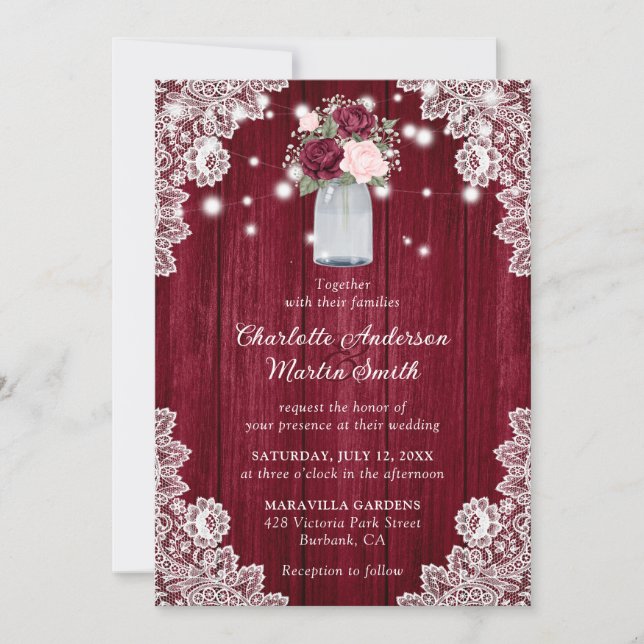 Elegante Burgundy Blush Rustic Wood Floral Wedding Einladung (Vorderseite)