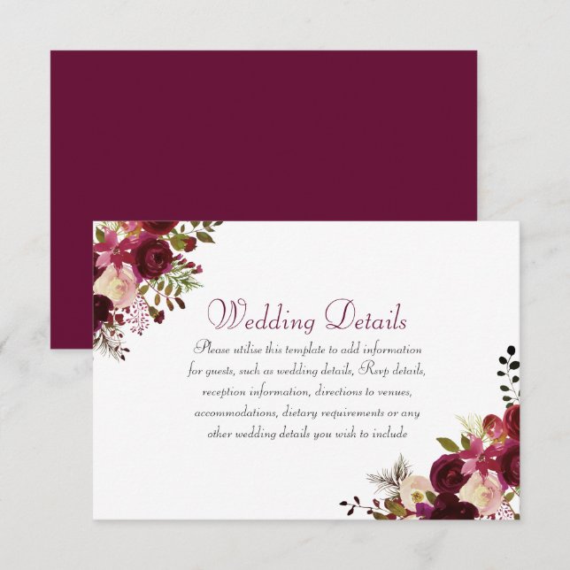 Elegante Burgundy Boho Informationen zur Hochzeits Einladung (Vorne/Hinten)