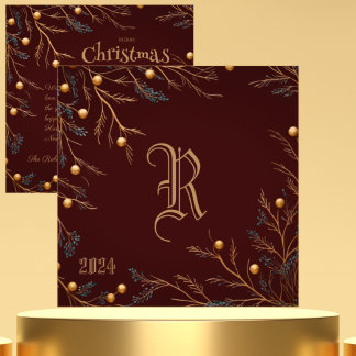 Elegante Burgundy Family Monogram Weihnachtskarte Feiertagskarte