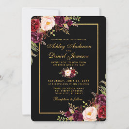Elegante Burgundy Floral Black Gold Wedding R Einladung