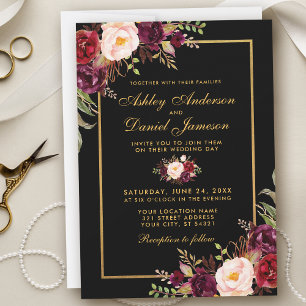 Elegante Burgundy Floral Black Wedding Einladung