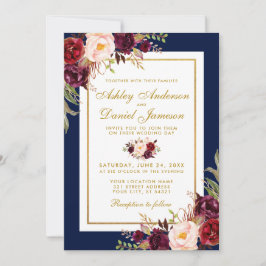 Elegante Burgundy Floral Blue Gold Hochzeit Einlad Einladung