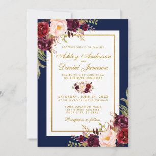 Elegante Burgundy Floral Blue Gold Hochzeit Einlad Einladung