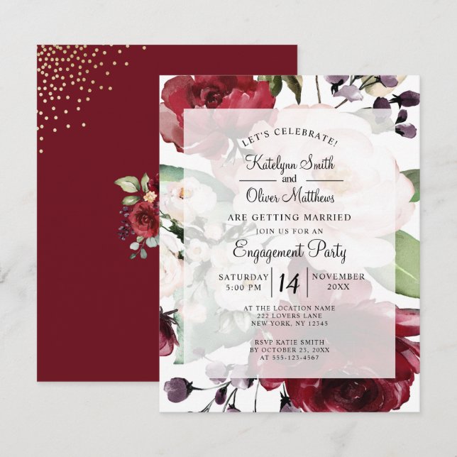Elegante Burgundy Floral Gold Foil Engagement Part Einladung (Vorne/Hinten)