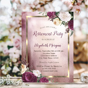 Elegante Burgundy Floral Gold Frame Retirement Einladung