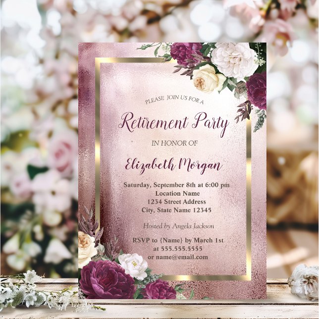 Elegante Burgundy Floral Gold Frame Retirement Einladung (Von Creator hochgeladen)