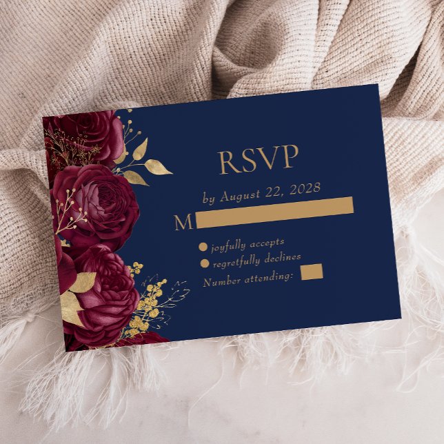 Elegante Burgundy Floral Gold Navy Blue Wedding RSVP Karte (Von Creator hochgeladen)