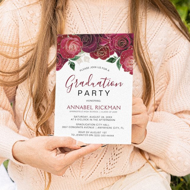 Elegante Burgundy Floral Graduation Party Einladung (Von Creator hochgeladen)