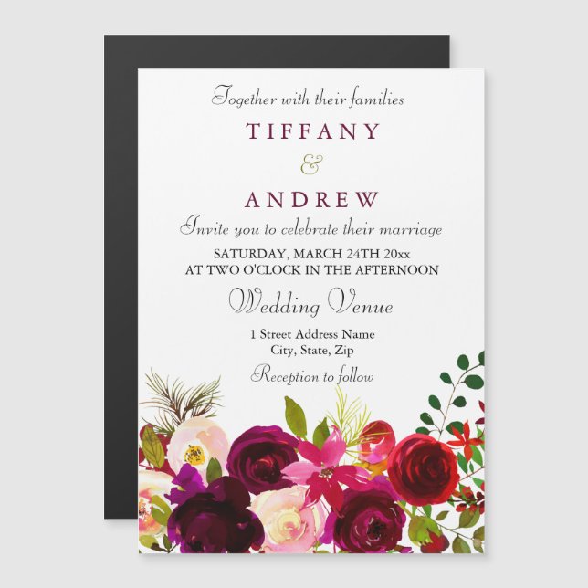 Elegante Burgundy floral Magnetic Wedding Einladun Magneteinladung (Vorne/Hinten)