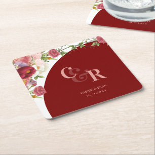 Elegante Burgundy Floral Monogram Wedding Party Rechteckiger Pappuntersetzer