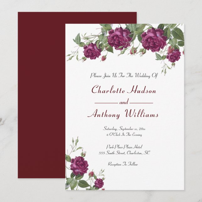 Elegante Burgundy Floral Rose Hochzeit Einladung (Vorne/Hinten)