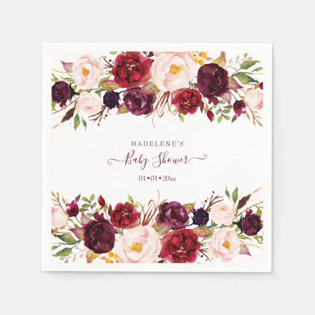 Elegante Burgundy Floral Watercolor Babydusche Serviette (Vorderseite)