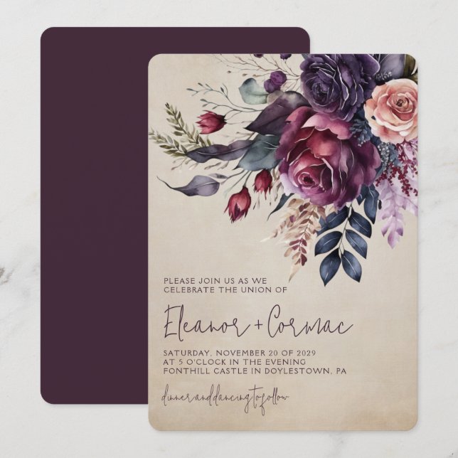 Elegante Burgundy Floral Watercolor Wedding Einladung (Vorne/Hinten)