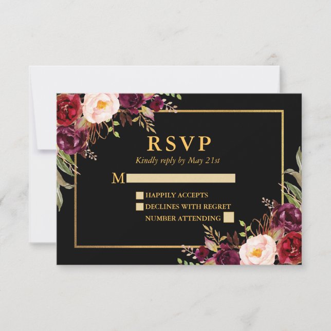 Elegante Burgundy Floral Wedding Black Gold UAWG RSVP Karte (Vorderseite)
