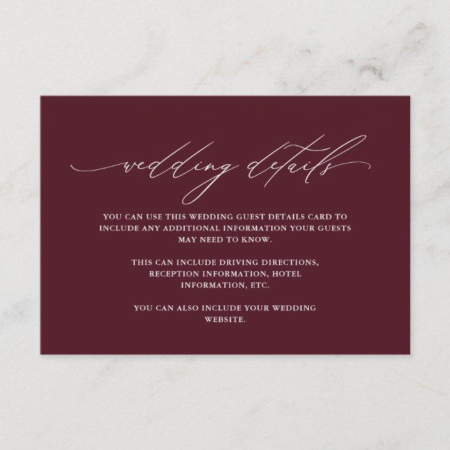 Elegante Burgundy Gastdetails mit Kalligrafie Begleitkarte (Vorderseite)