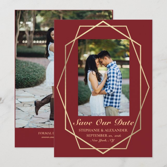 Elegante Burgundy Geometric Gold Frame Wedding Save The Date (Vorne/Hinten)