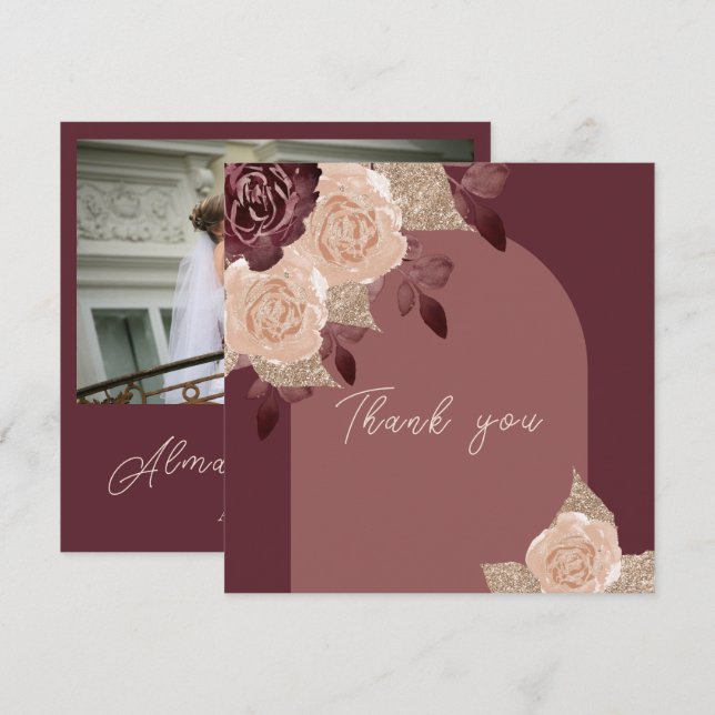 Elegante Burgundy Glittery Wasserfarben Rose Hochz Dankeskarte (Vorne/Hinten)