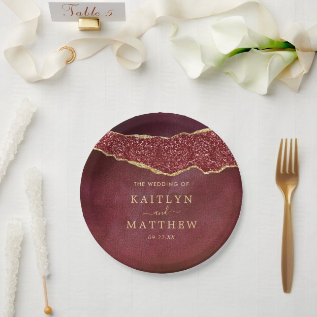 Elegante Burgundy & Gold Agate Wedding Pappteller (Hochzeit)