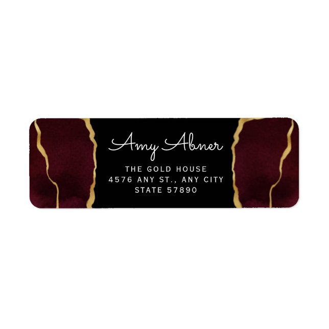 Elegante Burgundy Gold Agate Wedding Rücksendeadre (Vorne)
