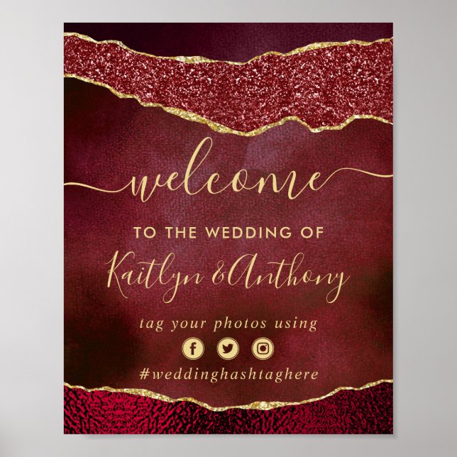 Elegante Burgundy & Gold Agate Wedding Willkommen Poster (Vorne)