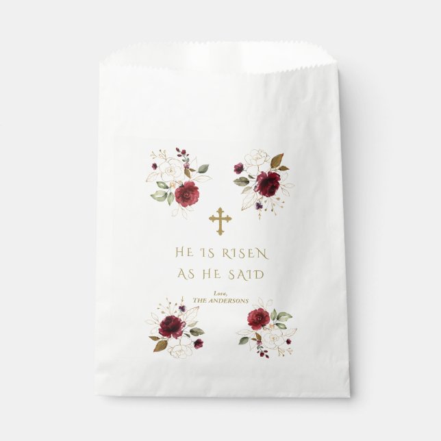 Elegante Burgundy Gold Blume Er ist zu Ostern Rise Geschenktütchen (Vorderseite)