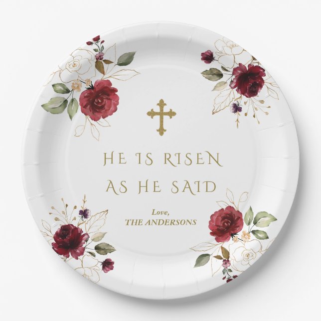 Elegante Burgundy Gold Blume Er ist zu Ostern Rise Pappteller (Vorderseite)