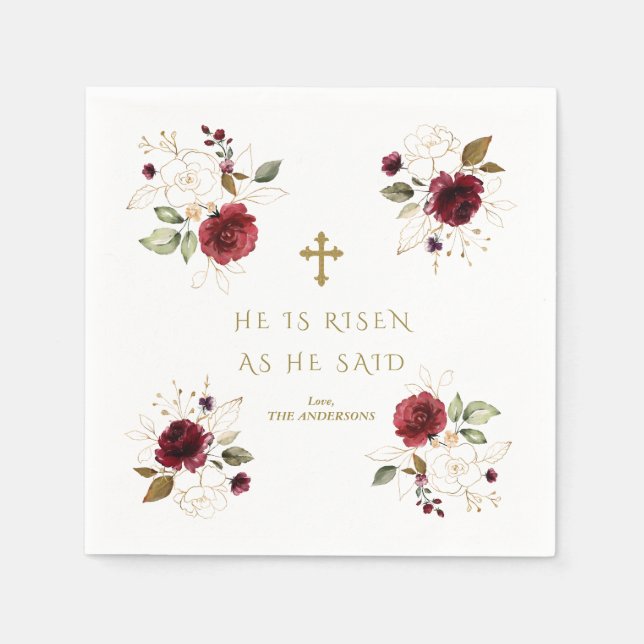 Elegante Burgundy Gold Blume Er ist zu Ostern Rise Serviette (Vorderseite)