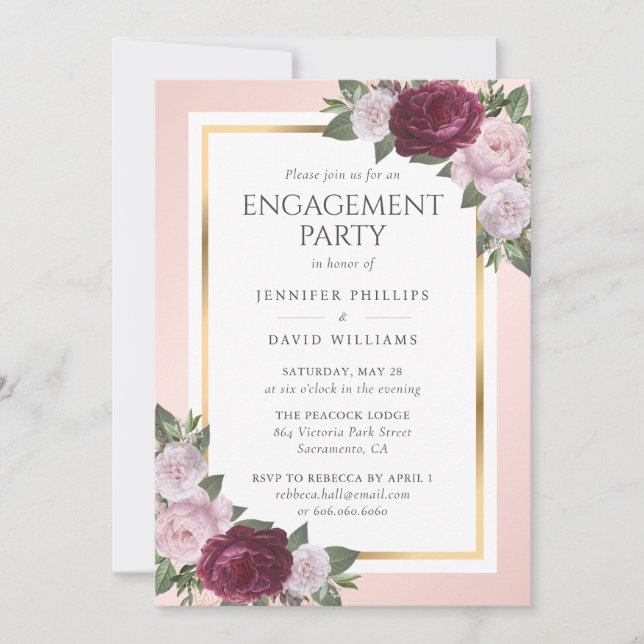 Elegante Burgundy Gold Blush Engagement Party Einladung (Vorderseite)