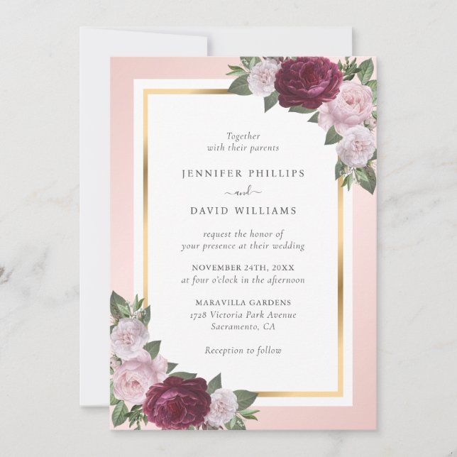 Elegante Burgundy Gold Blush Pink Blues Hochzeit Einladung (Vorderseite)