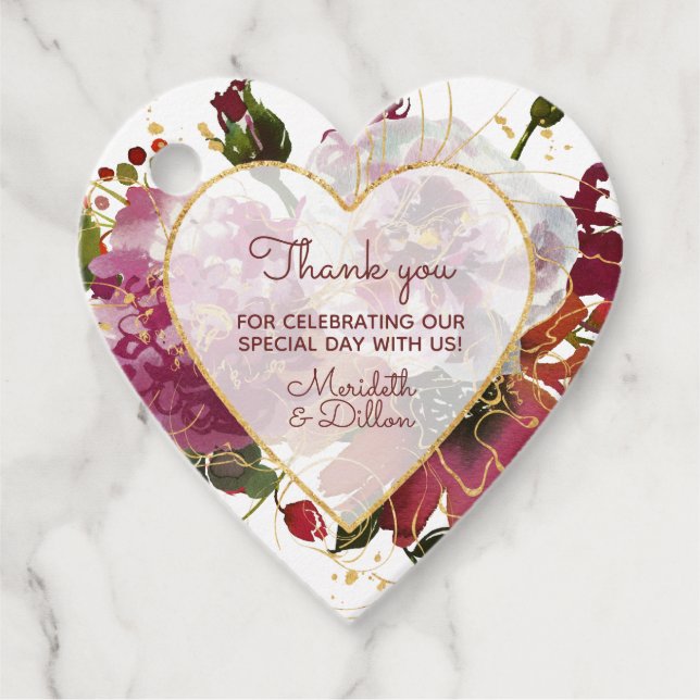 Elegante Burgundy Gold Blush Pink Floral Moderne Geschenkanhänger (Vorderseite)