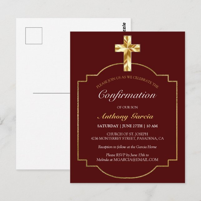 Elegante Burgundy Gold Boys Bestätigung Einladung Postkarte (Vorne/Hinten)