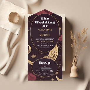 Elegante Burgundy Gold Celestial Wedding All In One Einladung