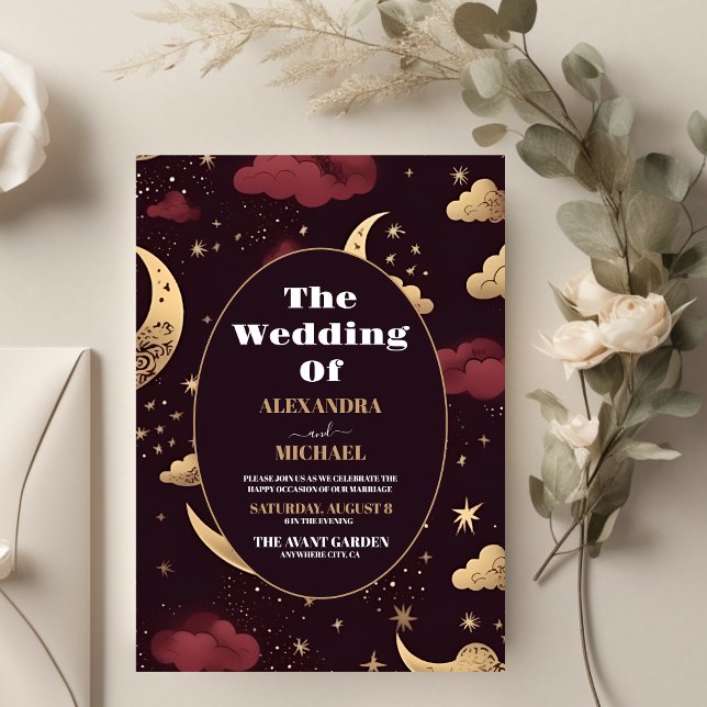 Elegante Burgundy Gold Celestial Wedding Einladung (Von Creator hochgeladen)