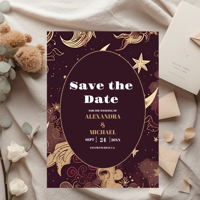 Elegante Burgundy Gold Celestial Wedding Save The Date (Von Creator hochgeladen)