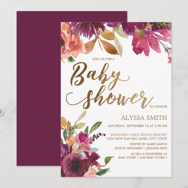 Elegante Burgundy Gold Floral Script Baby Shower Einladung (Vorne/Hinten)