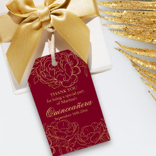 Elegante Burgundy Gold Floral Sketch Quinceanera Geschenkanhänger