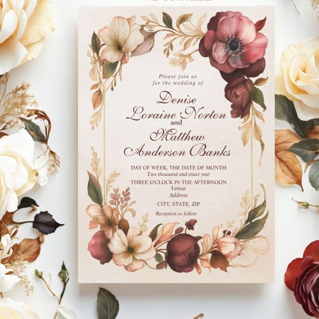 Elegante Burgundy Gold Floral Wedding Einladung (Von Creator hochgeladen)